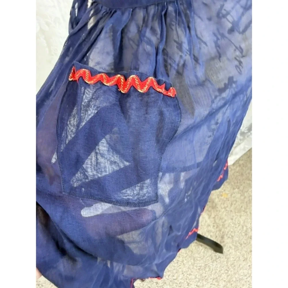 Vintage Sheer Navy Blue Half Apron Red Rick Rack Trim Pocket Retro Kitchen